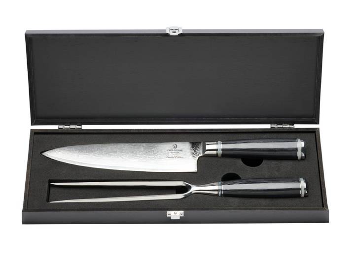 CHEF CUISINE International Tranchierbesteck aus Damast, Chef-Messer und Tranchiergabel