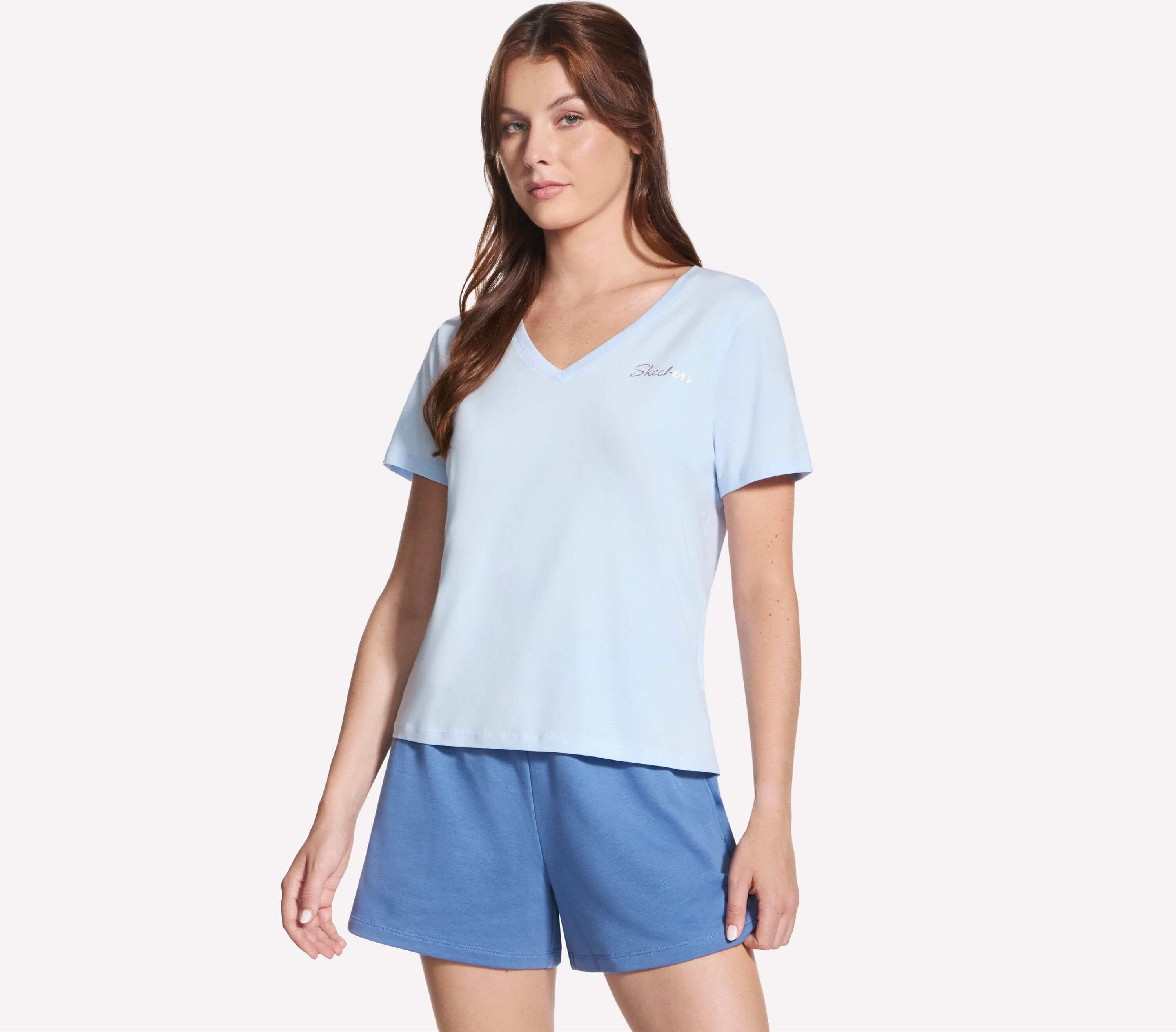 T-Shirt SKECHERS "T-Shirt 1/2 Arm", Damen, Gr. XS (34), blau (rain blau), Obermaterial: 94% Baumwolle, 6% Elasthan, Shirts T-Shirt, mit 1/2 Arm, für Erwachsene, aus Baumwolle und Elasthan rain blau XS (34)