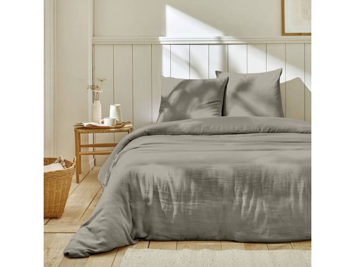 Parure housse de couette + taie(s) gaze coton 240x220 cm gris galet