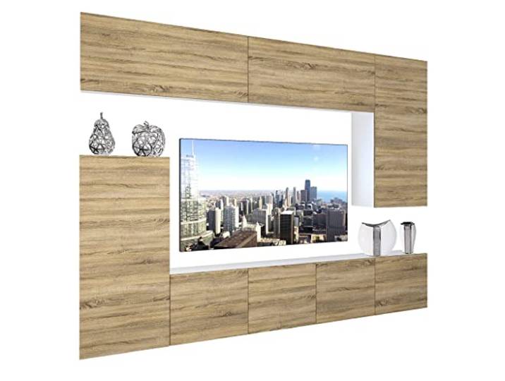 BELINI Wohnwand Schrankwand NEX 8 mit LED-Beleuchtung, Sonoma Eiche Vollausstattung Wohnzimmer-Set Moderne Schrankwand Anbauwand TV-Schrank