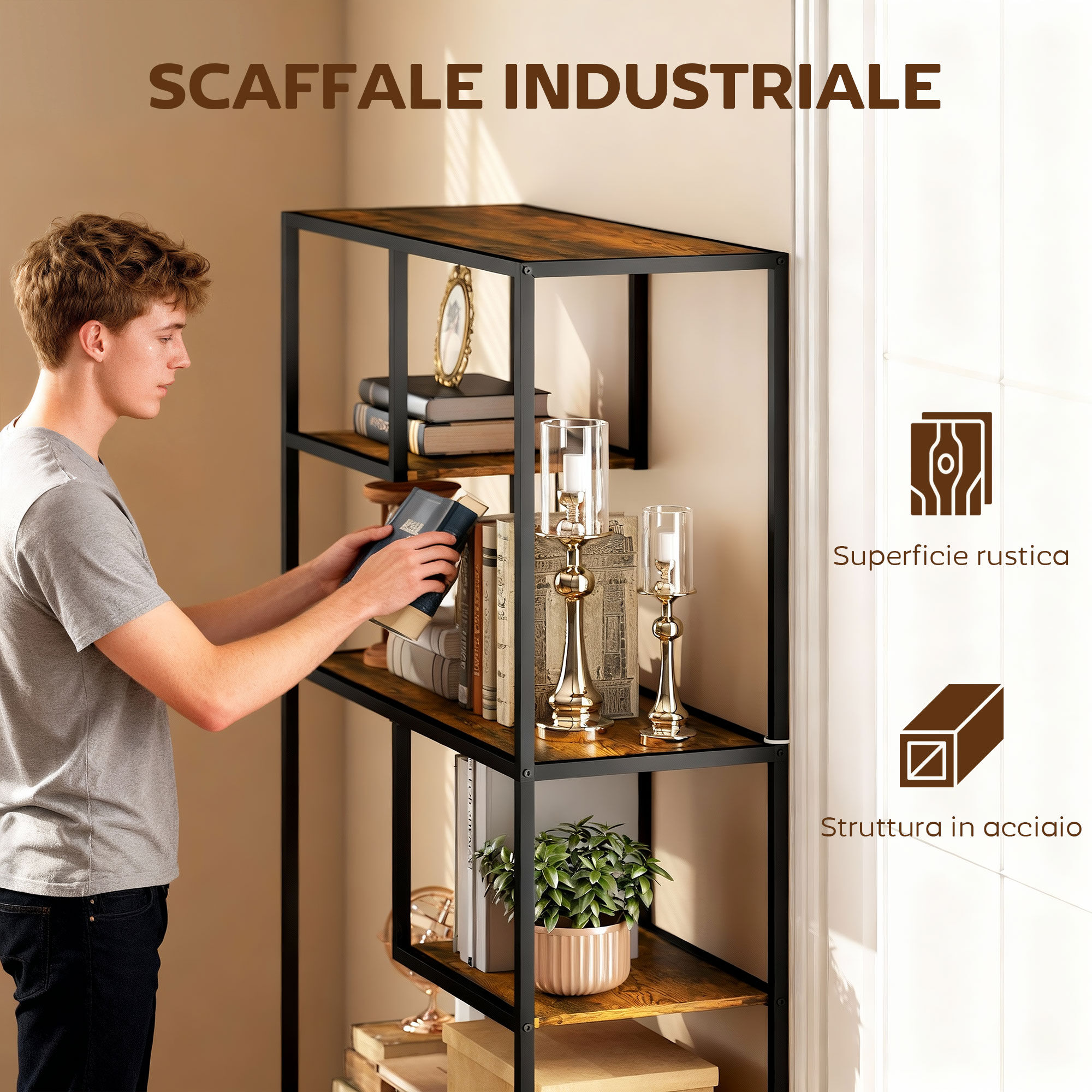 Altro Mobile Libreria A 7 Livelli In Legno E Acciaio Stile Industriale, 83x34x180 Cm, Marrone