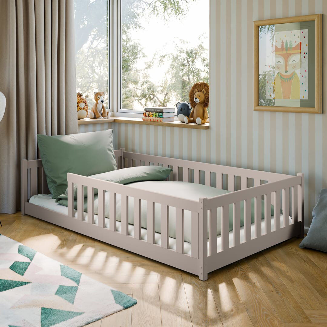 Harriet Bee Montessori Wooden Bed Otis EU Small Double – Floor-Hugging Pine, Contemporary Secure Frame & Slat Kit Cashmere