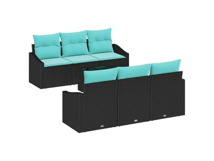 ZQQLVOO Sofa Set 7 STK. 3-Sitzanzahl Schwarz und Türkis Poly Rattan Modulares Design, höhenverstellbarer Tisch mit Glasplatte, abnehmbare Kissen, wasserfester Stauraum