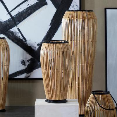 ARCILLA ELEMENTAL Brown Wicker Wood and Rattan Handmade Slatted Frame Vase with Black Metal Accents
