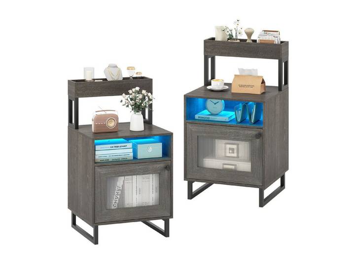 COSTWAY Nachttisch (2-St), Nachtschrank, LED Beistelltisch mit Schrank & Tür