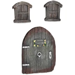Relaxdays Feentür Garten, 3-teilig, Feenfenster, Baumstamm Deko, wetterfest, Baumdeko zum Aufhängen, Fairy Door, braun