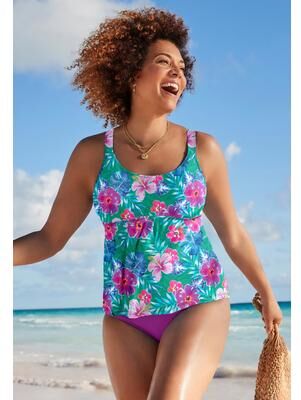 Plus Size Women's Flared Tankini Top by Swimsuits For All in Emerald Hibiscus (Size 10)