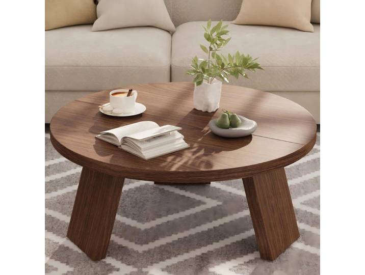 Table basse ronde moderne pieds inclinés noyer facile montage salon chambre