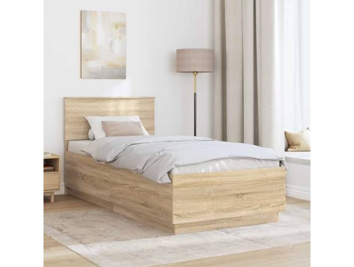 KTHLBRH Bettgestell Eiche Sonoma 70 x 190 cm mit Kopfteil Technisches Holz, verstellbares Kopfteil, Wandmontage, quadratische Beine, einfache Reinigung