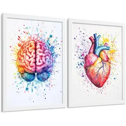 POSTER Set aus 2 Anatomie Drucke und Wandbilder mit Gehirn und Herz Künstlerische Mehrfarbig Aquarell Illustration Größe Weißer Rahmen A3