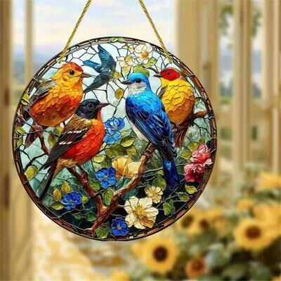 Inspired Finds 2D Acrylic Bird & Flower Hanging Pendant Decorative Ornament For Home Car Window garden Songbirds