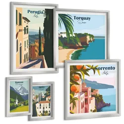 BILDER SET 5er Set - 50x50 cm & 20x30 cm & 40x60 cm Silberner Rahmen - Ansichten europäischer Häfen