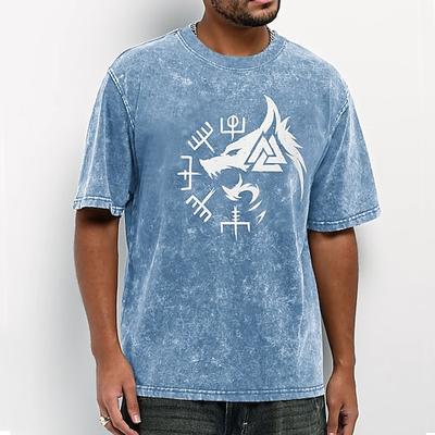 Herren-T-Shirt mit Wikinger-Wolf-Fenrir-Valknut-Runenkompass, nordischer Mythologie, Acid-Wash-Vintage-Streetwear-Print, Kurzarm, Rundhalsausschnitt, lässig, alltagstauglich, Designer-Kleidung, Größen