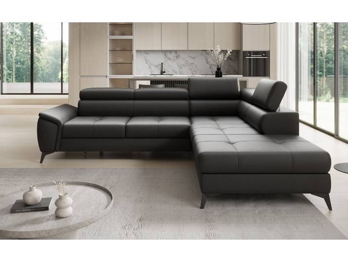 Designer Ecksofa Aveline mit Schlaffunktion und Stauraum in Echtleder - Schwarz - Rechts - Luxusbetten24