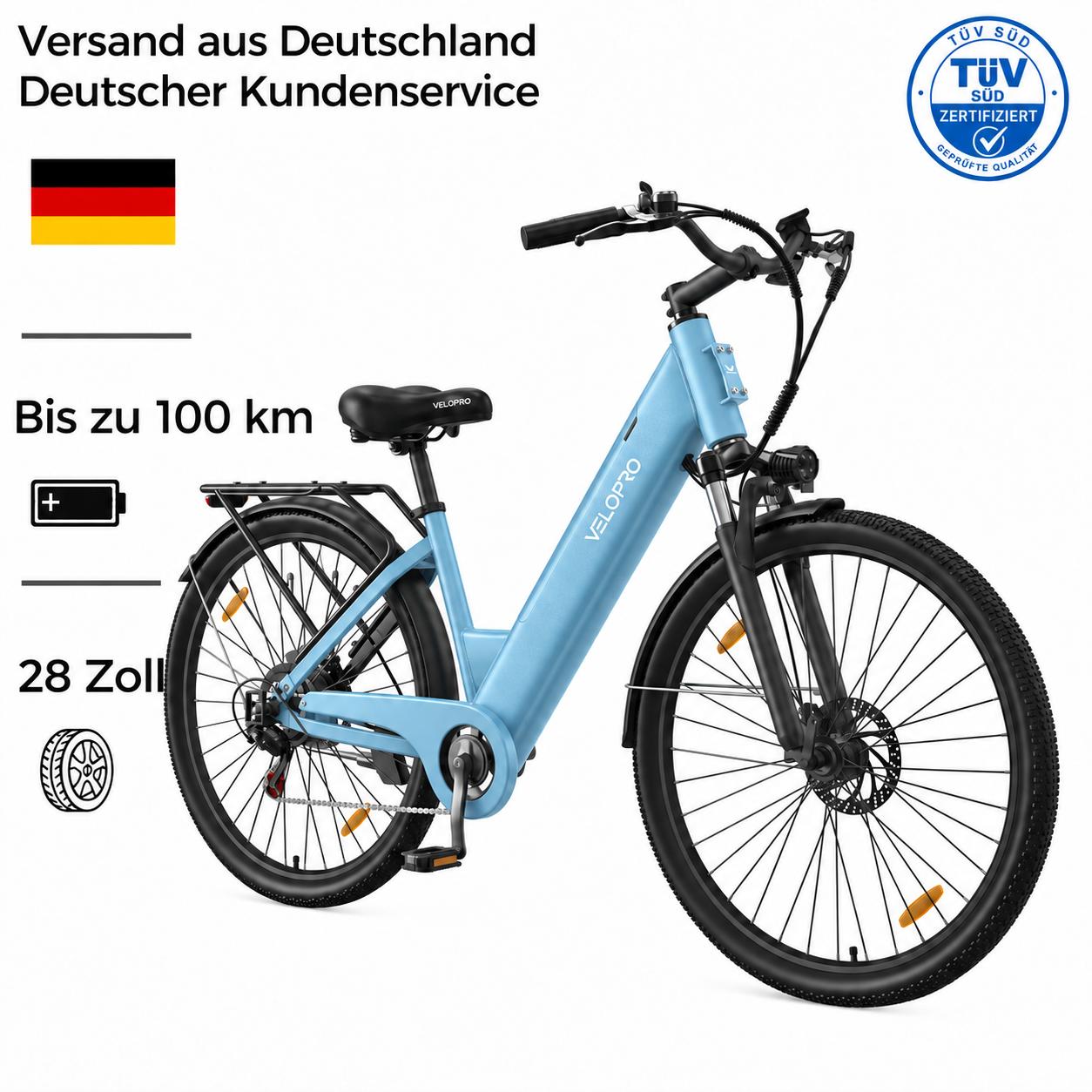 VELOPRO C1 Pedelec 28 Zoll, 36V 13Ah Akku bis 50km Reichweite, Shimano 7-Gang, 250W