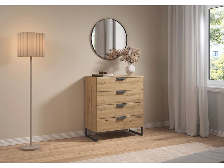 Kommode Aditio mit 4 Schubladen & Kufen 80 x 92 x 44cm Holz/Eiche Artisan Dekor