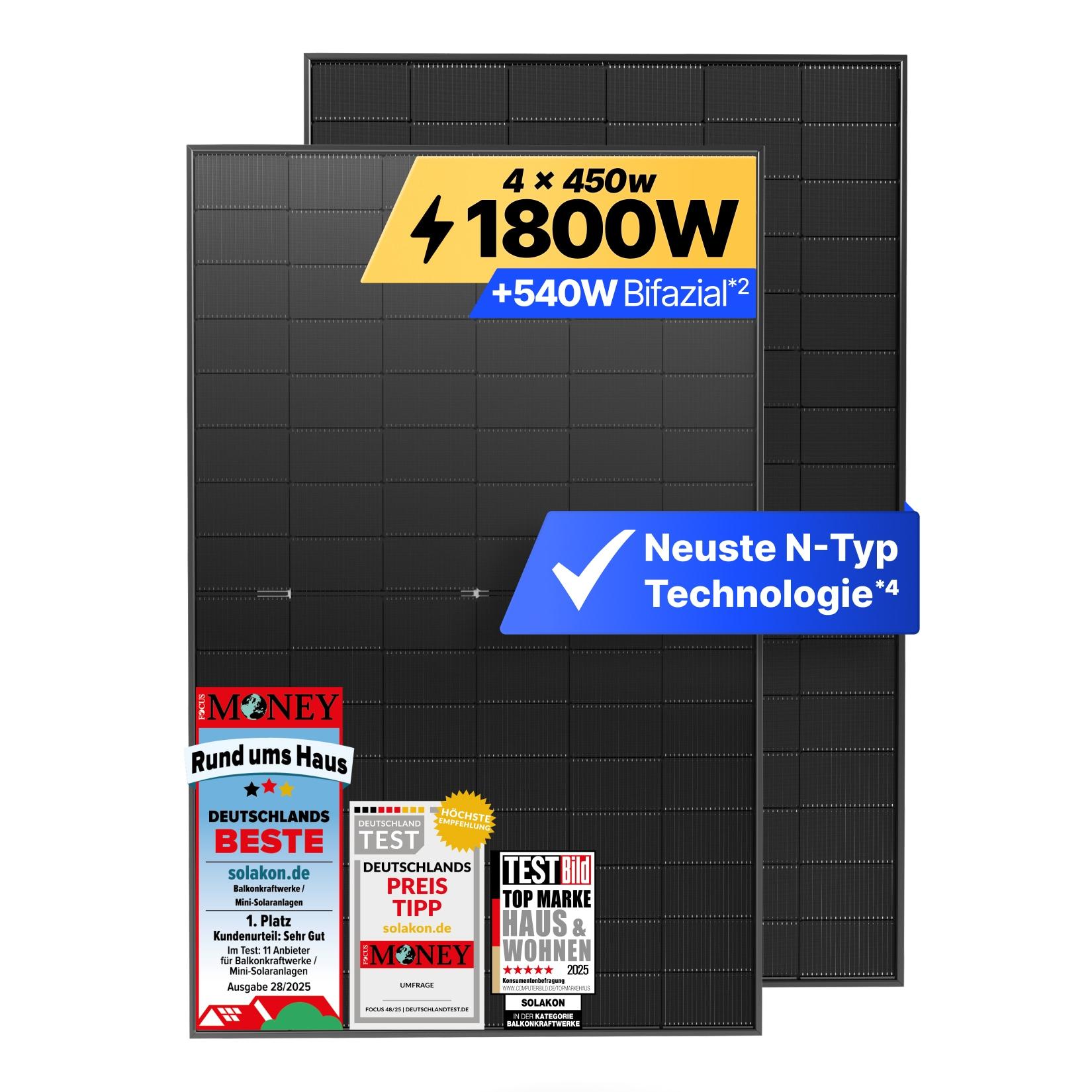 Solakon Solarmodul 450W, N-Type bifaziales monokristallines Glas-Glas Solarpanel, 40v Photovoltaik Solarmodule/Solar Module für Balkonkraftwerk/Solaranlage, Solar Panel für Photovoltaik Komplettanlage (4 Stk)