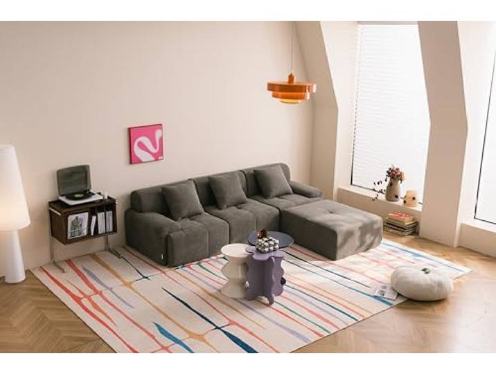 MILYsofa Modulares 3-Sitzer-Sofa mit Ottomane, Chenille-Bezug Aschbraun, Abnehmbare Kissenbezüge (Aschbraun, 3-Sitzer mit Ottomane)