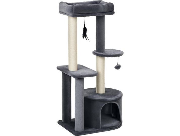 PawHut Arbre à chats avec griffoirs grattoirs sisal naturel centre d'activités niche plateformes 2 jouets suspendus gris