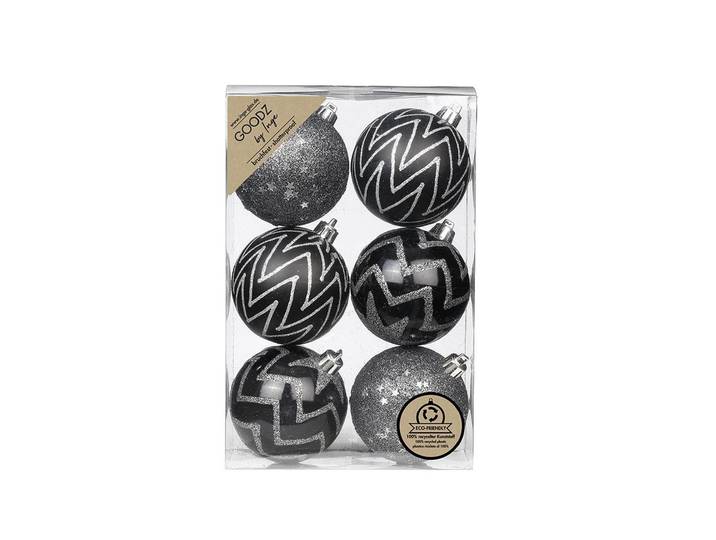 Weihnachtsbaumkugel Inge Weihnachtskugel dekoriert, 6 Stk. , silber (schwarz, silberfarben), Ø:8cm, Kunststoff, Weihnachtsbaumkugeln, Weihnachtsbaumkugel