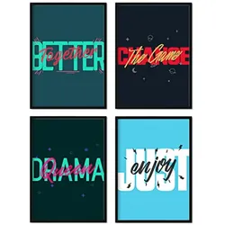 POSTER Set mit 4 blauen und grünen Etikettendesign und Motivationsnachrichten A3 Schwarzer Rahmen
