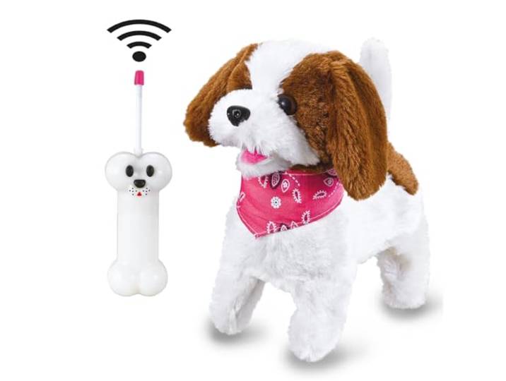 JAMARA 460340 - Lucky RC pluche hond 27MHz - zachte vacht, beweegt snuit en hoofd, kwispelt met de staart, realistische blaffen, wit-bruin