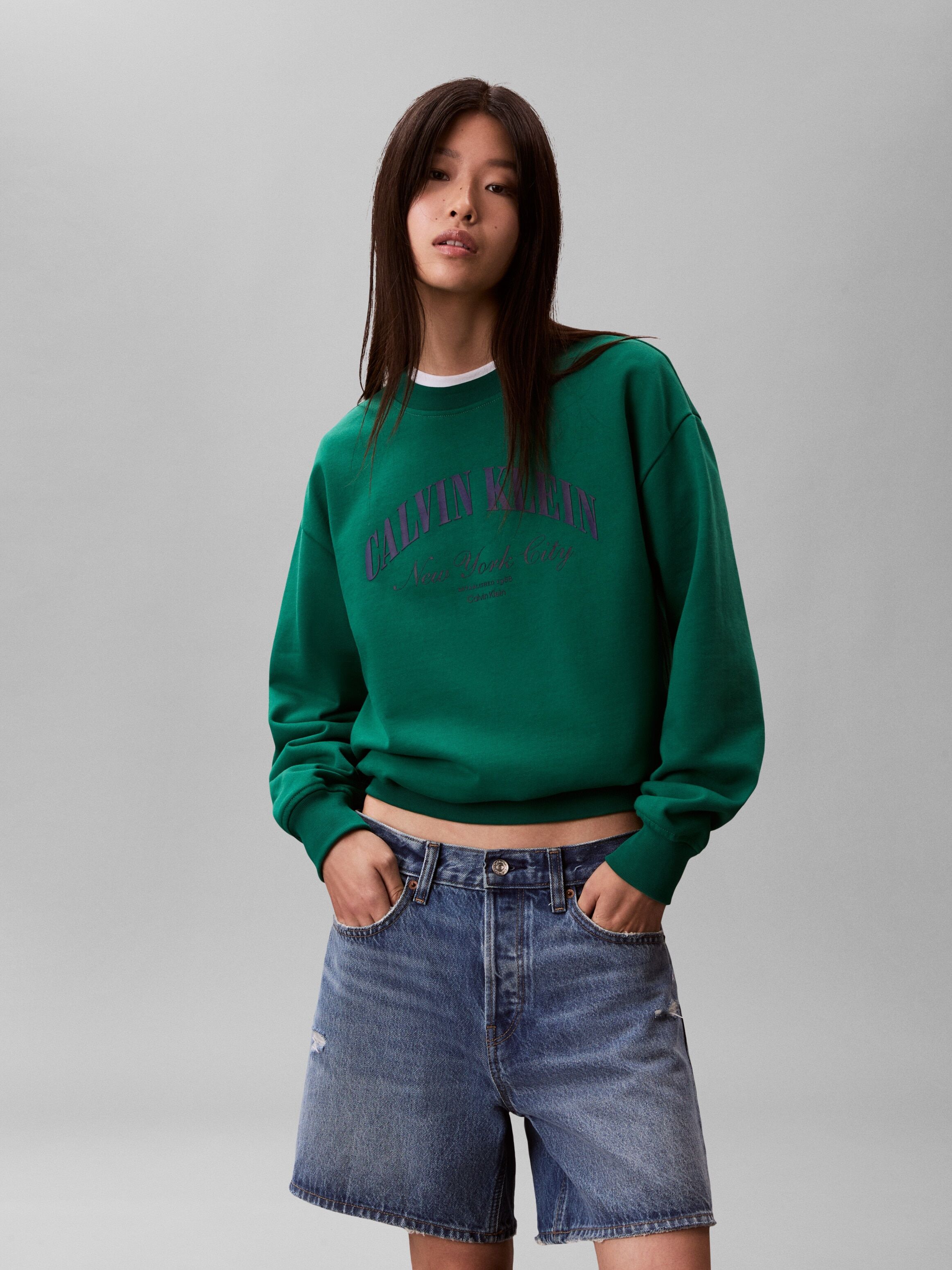 Sweatshirt CALVIN KLEIN JEANS, Damen, Gr. M (40), enchanted forest, Sweatware, Obermaterial: 100% Baumwolle, unifarben, klassisch normal, Rundhals, eingesetzt Rippbündchen, Sweatshirts Sweatshirt, Regular fit, mit Druck enchanted forest M (40)
