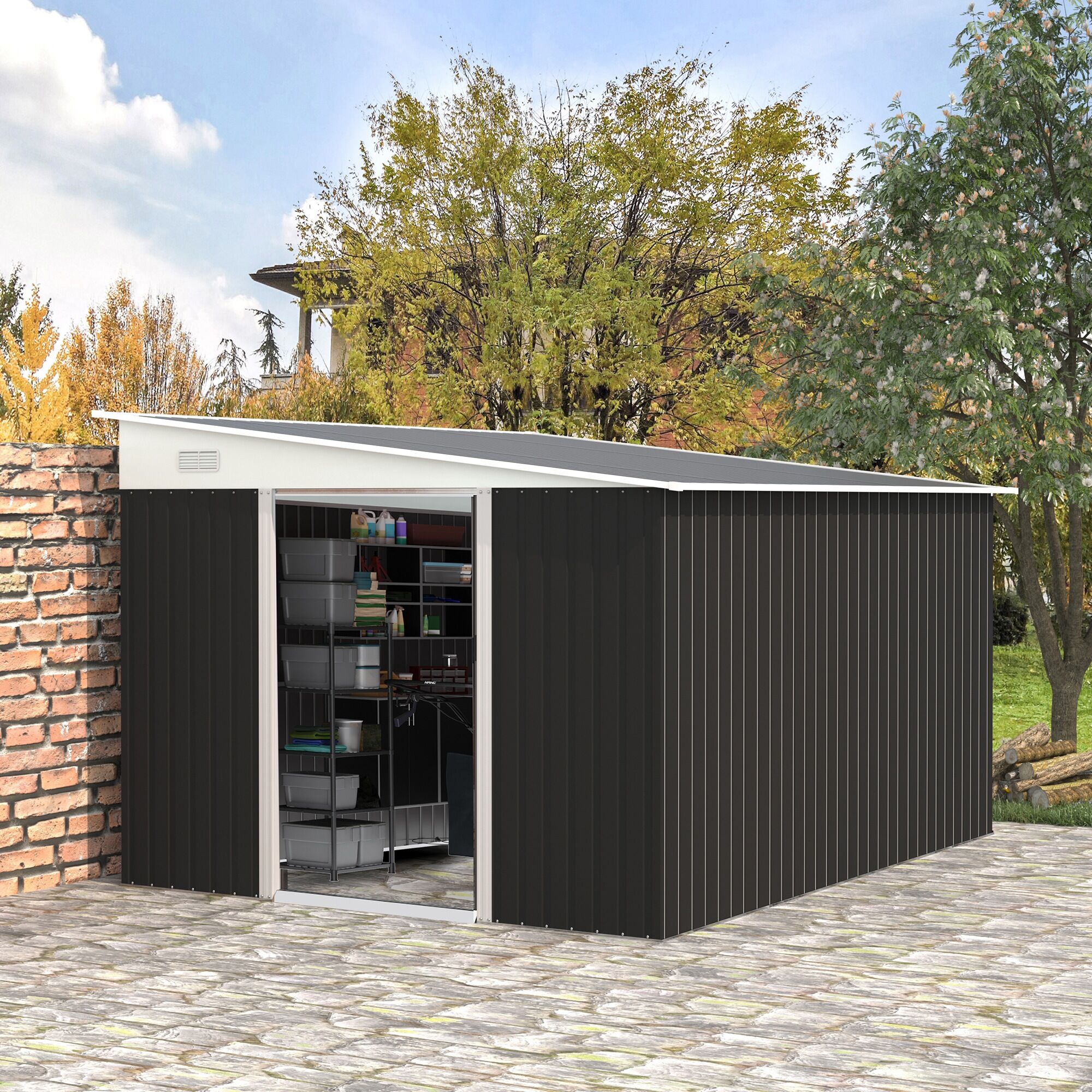 Altro Casetta Da Giardino Con Porta Scorrevole, In Acciaio, 345x280.5x169-201 Cm, Nero