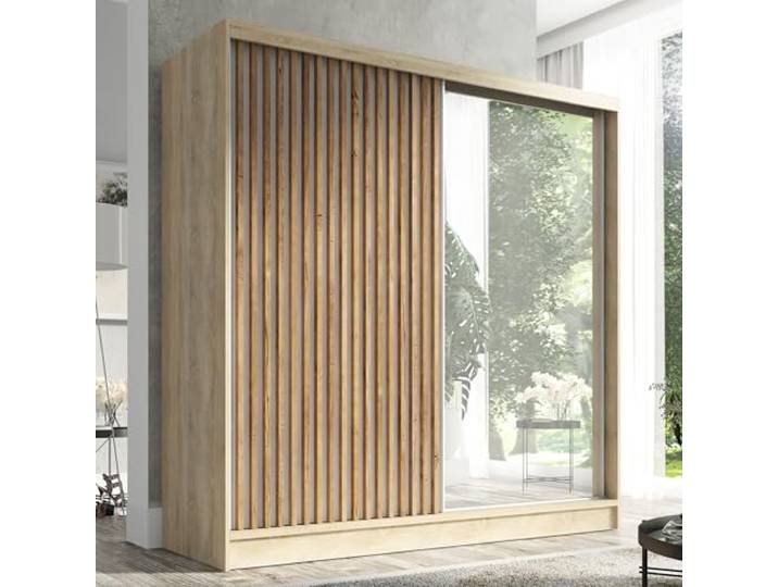 A&J MöbelLand Schwebetürenschrank LINA Kleiderschrank 200 cm mit Spiegel, 3 Schubladen & 3D-Lamellen (Sonoma)
