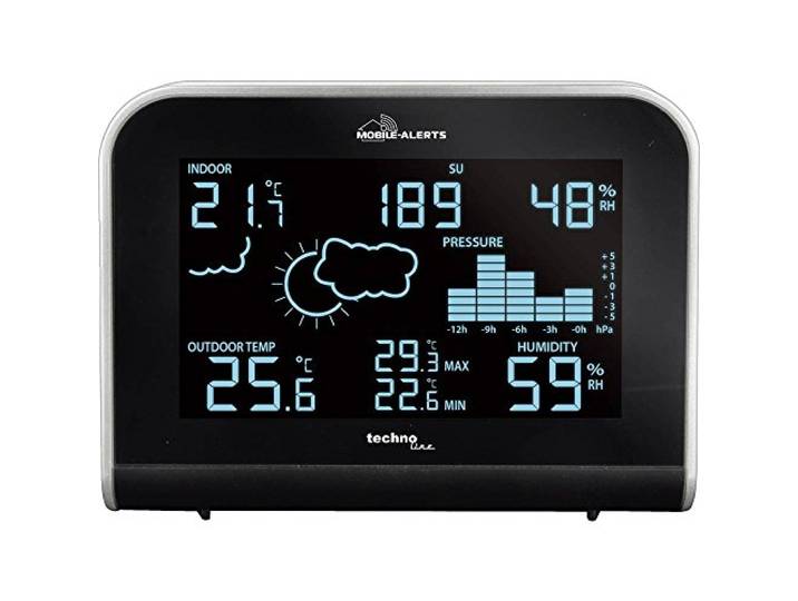 MA 10920 – Station météo connecté au système de surveillance domestique de Mobile Alerts – Transmission des alertes et des valeurs via smartphone – Affichage LED – Différents modes d'éclairage