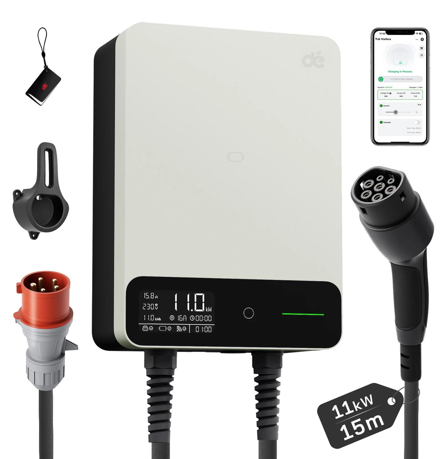 Elektroauto-Ladestation - Wallbox Typ 2 - 11 kW - 16 A - 3-phasig 400 V - 15 m Kabel - Tuya-WiFi-App - Weiß