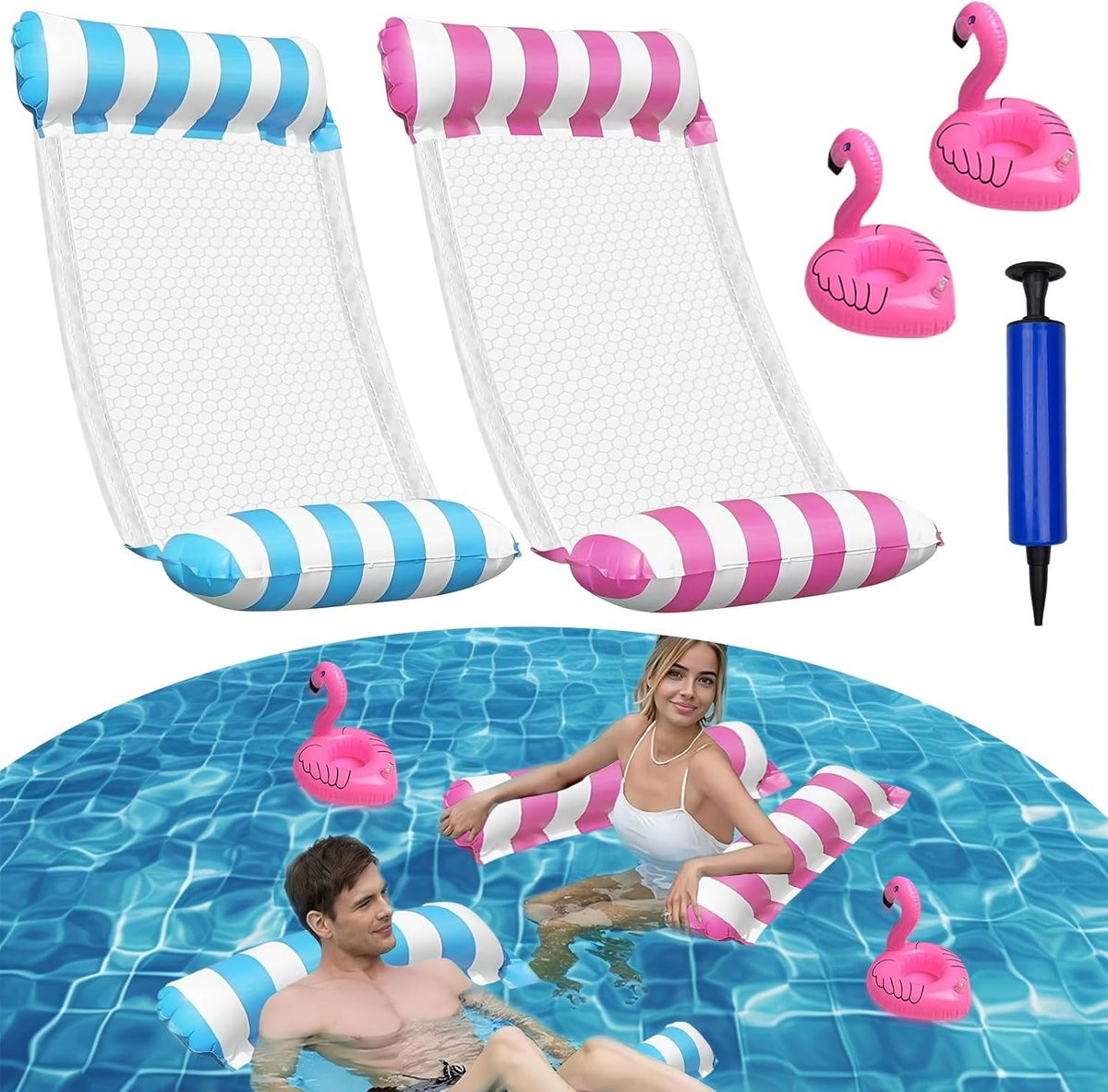 Set van 2 Opblaasbare Hangmatten voor in het Zwembad - 4-in-1 Functie - Blauw en Roze