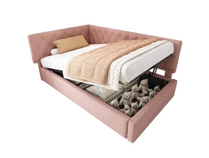 Logidon Daybed 90x190 Canapé lit en velours rose avec rangements hydrauliques