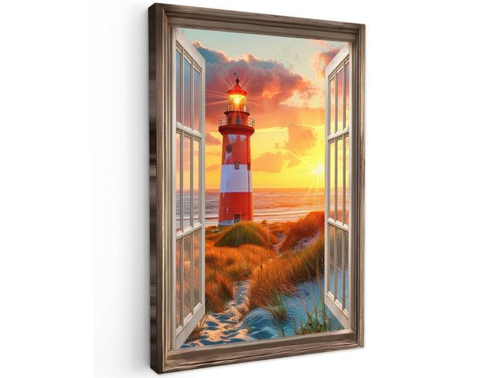 LEINWANDBILD Aussicht - Fenster - Leuchtturm - Sonnenuntergang - Strand Wanddeko 40x60 cm