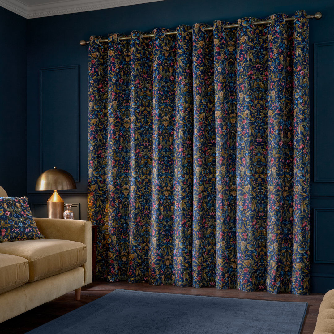 Catherine Lansfield Hedgerow Hopper Lined Eyelet Curtains Navy Blue 66x72 Inch