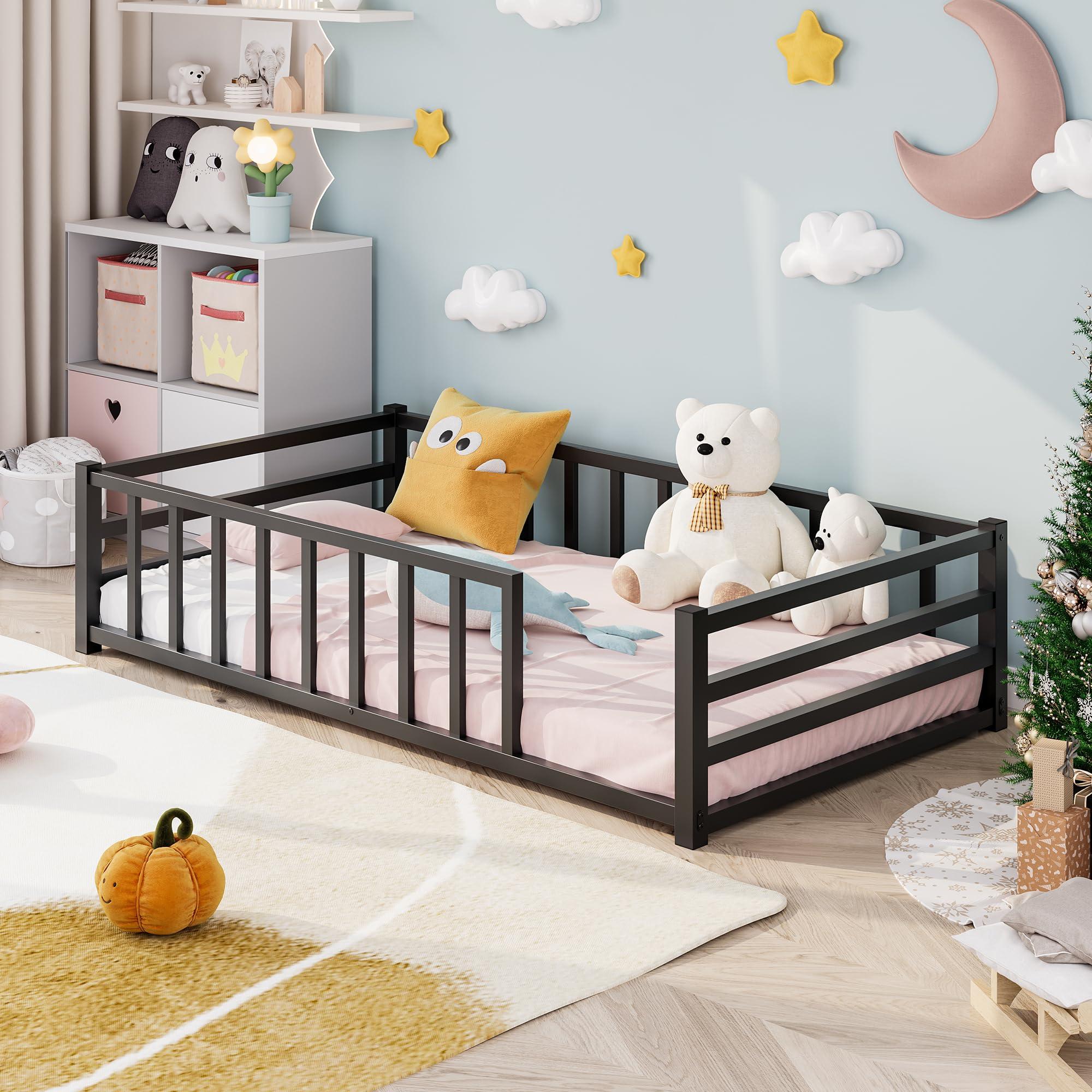 Kinderbett 90x200 cm mit Rausfallschutz, Metall, Schwarz