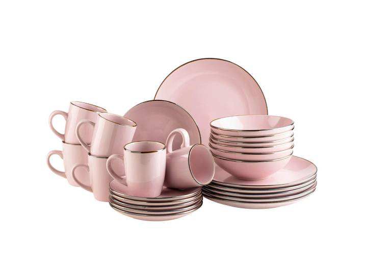 Mäser Kombiservice Metallic Rim, Rosa, Keramik, 24-teilig, 400 ml,850 ml, Essen & Trinken, Geschirr, Geschirr-Sets, Kombiservice