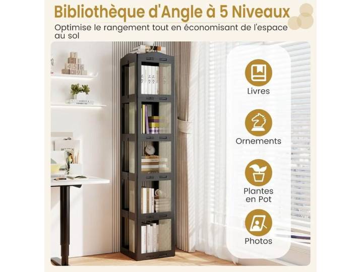 Bibliothèque rotative 360° pliable 5 niveaux étagère d'angle noire pour livres et objets déco