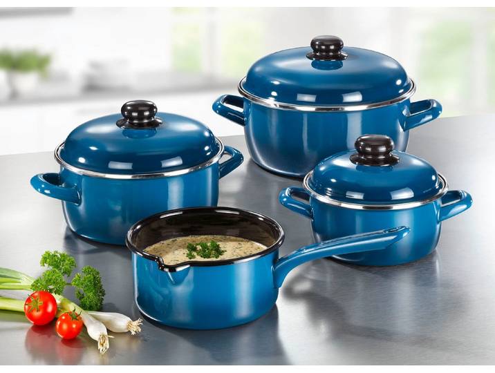 Topf-Set, 7-teilig, aus widerstandsfähigem Stahl-Emaille von GSW, Blau