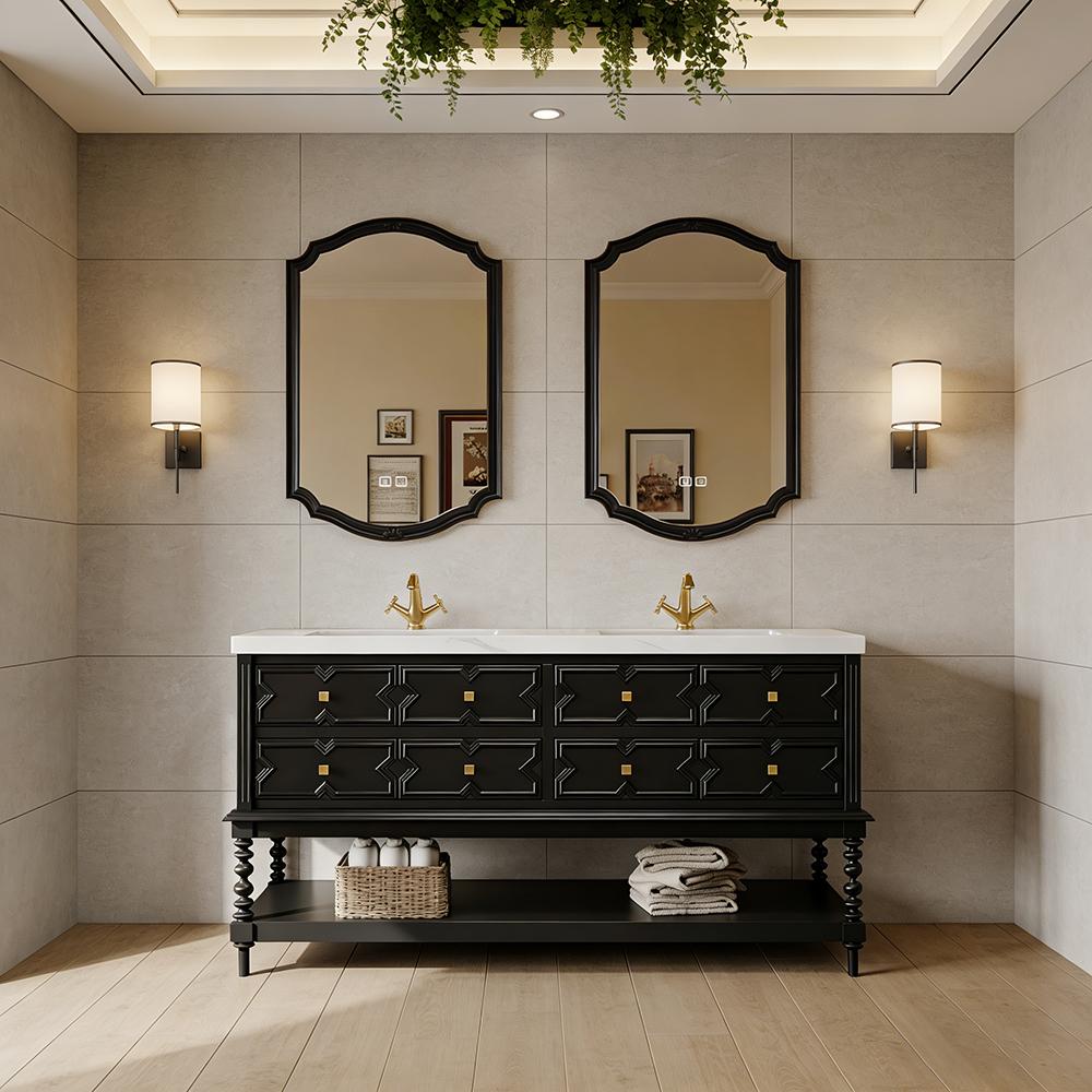 Freistehendes Sinterstein Waschbecken Set, Badezimmer Waschtisch Set, Modernes Badmöbel Set, mit Armaturenloch Schwarz 130*55cm /SJLSH/