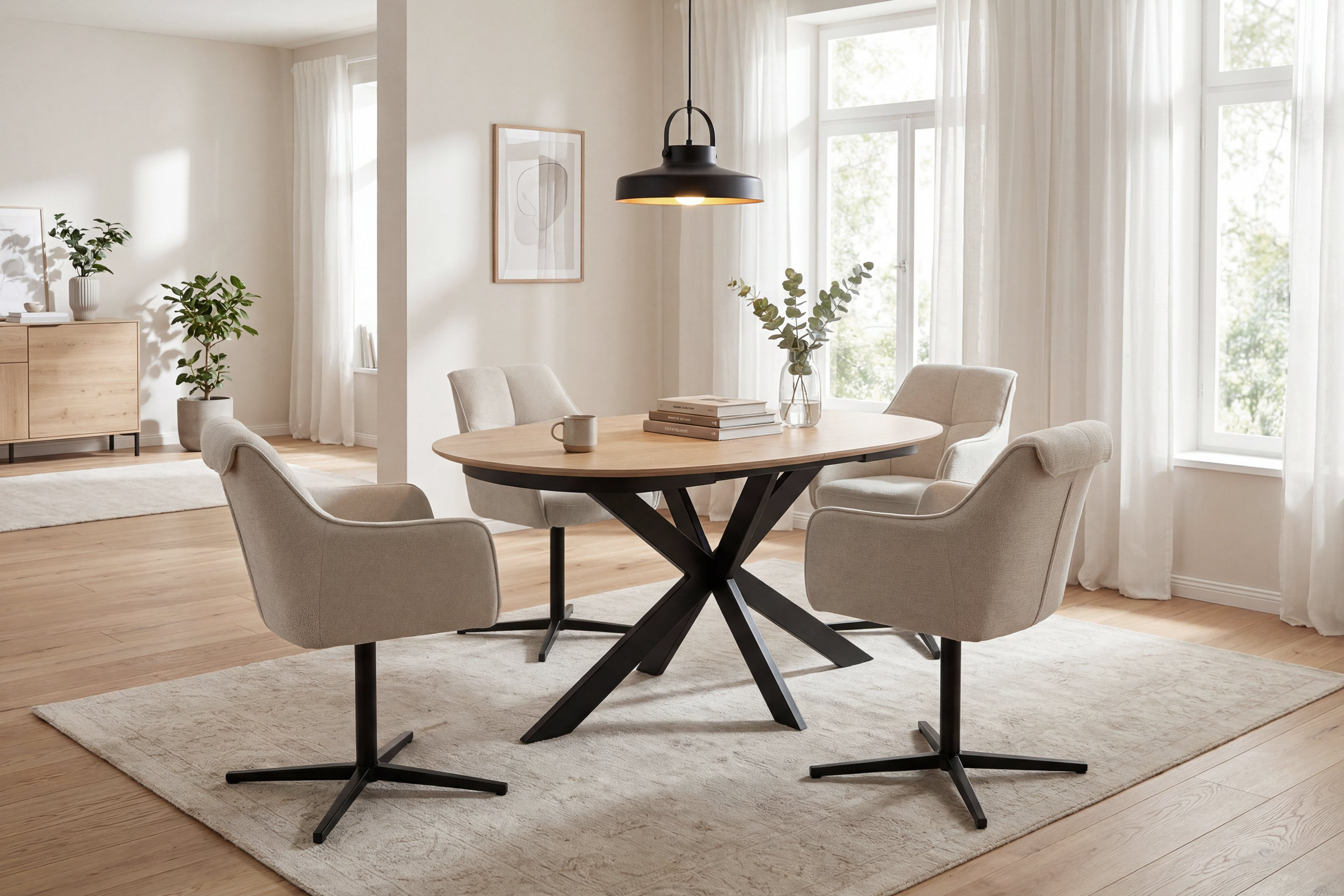 Esszimmerstuhl BYLIVING "MEXICO", beige, schwarz, B:65cm H:87cm T:67cm, Metall, Stoff, Stühle, Esszimmerstuhl, 360 drehbar, Taschenfederkern, Doppelte Aufpolsterung im Rücken beige, schwarz B/H/T: 65cm x 87cm x 67cm, 2 Stk., Strukturstoff