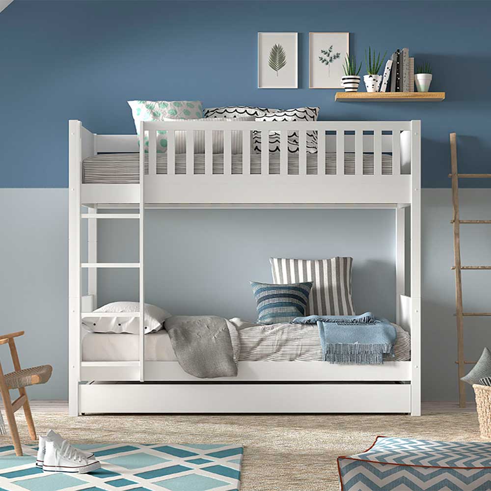 Pharao24.de Etagenbett mit Schublade weiss im Skandi Design Leiter