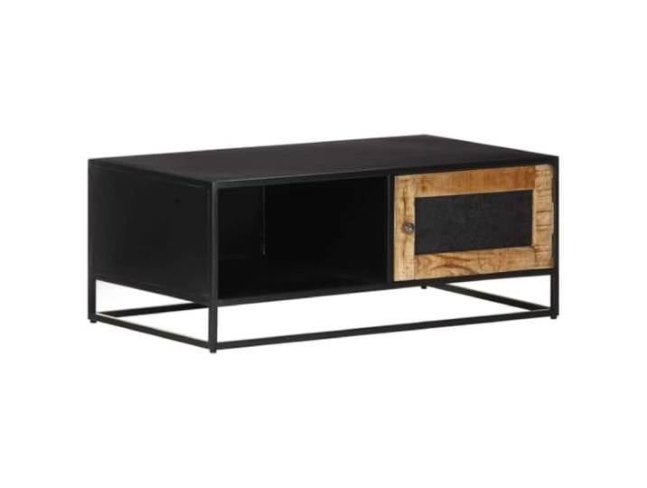 HEFZGDB Couchtisch aus rauem Mangoholz 90x50x35 cm mit Stahlrahmen und Stauraumfach Industrieller Sofatisch mit handgeschnitzter Tür Langlebiger Wohnzimmertisch aus tropischem