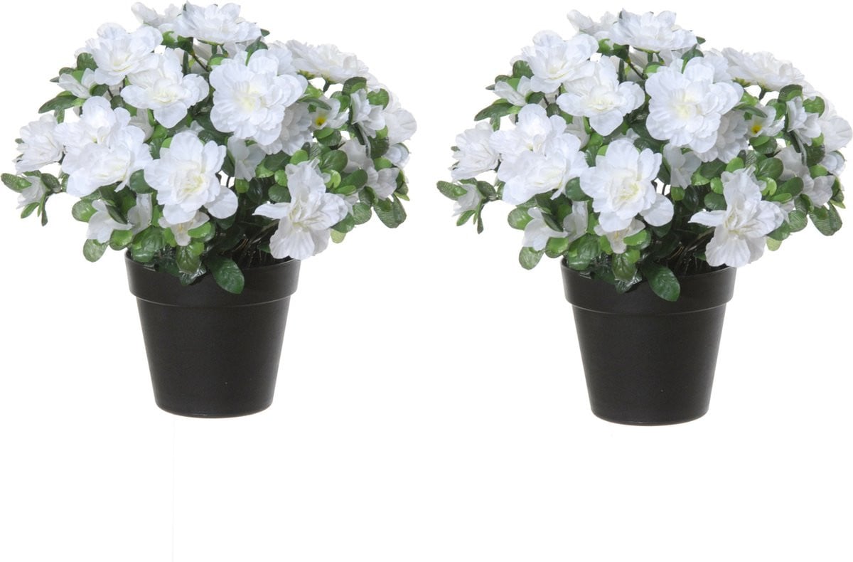 Louis Maes Azalea Kunstbloemen in pot - Wit - 2 stuks - Hoogte: 28 cm