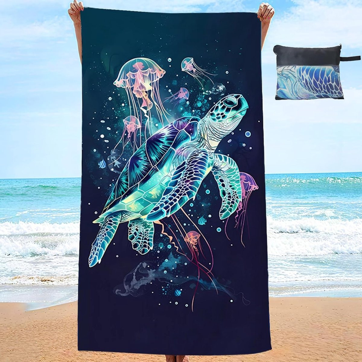 Grote strandhanddoek met tas voor volwassenen, 180 x 90 cm