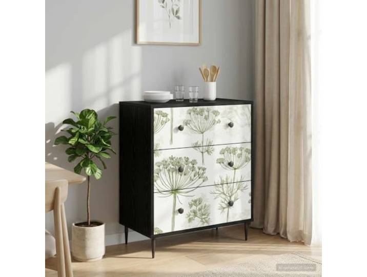 Kommode Gotha Grüner Baumdruck 66x36,5x76 cm Holzwerkstoff mit 3 Schubladen Stabile Holzwerkstoff-Konstruktion, matte Stahlgriffe, erhöhte Füße, dekoratives Design, viel Stauraum