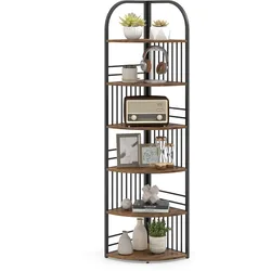 COSTWAY Eckregal 6 Ebenen, offen, Metallrahmen, Pflanzenregal, 42x42x181,5 cm (Braun)
