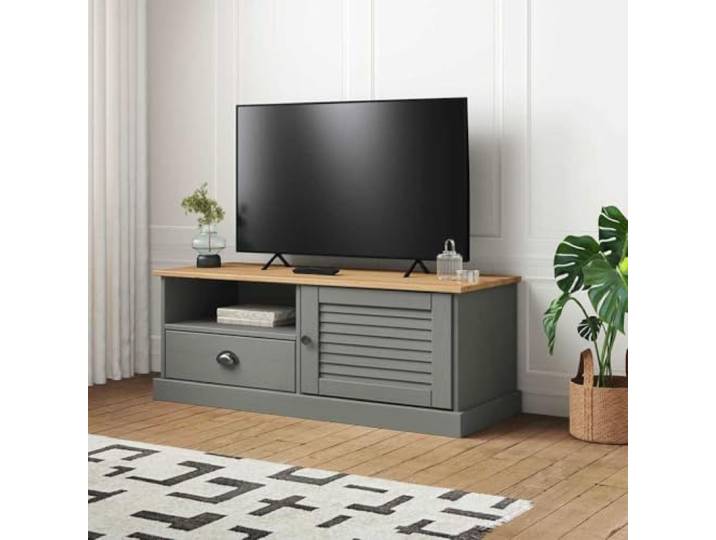 HEFZGDB TV-Schrank VIGO Grau 106x40x40 cm aus Kiefern-Massivholz mit Stauraum – 1 Schublade, 1 offenes Fach, Fach mit Tür – Modernes Lowboard für Wohnzimmer, Pflegeleichtes TV-Möbel