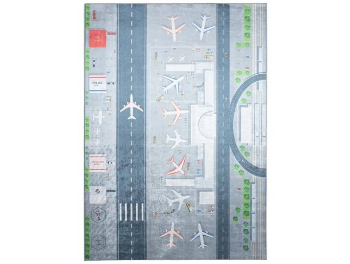 Tapis Enfant Bébé Chambre TAPISO Antidérapant Lavable Doux EMMA Gris Bleu Marine Imprimé Aéroport Avion 120x170 cm