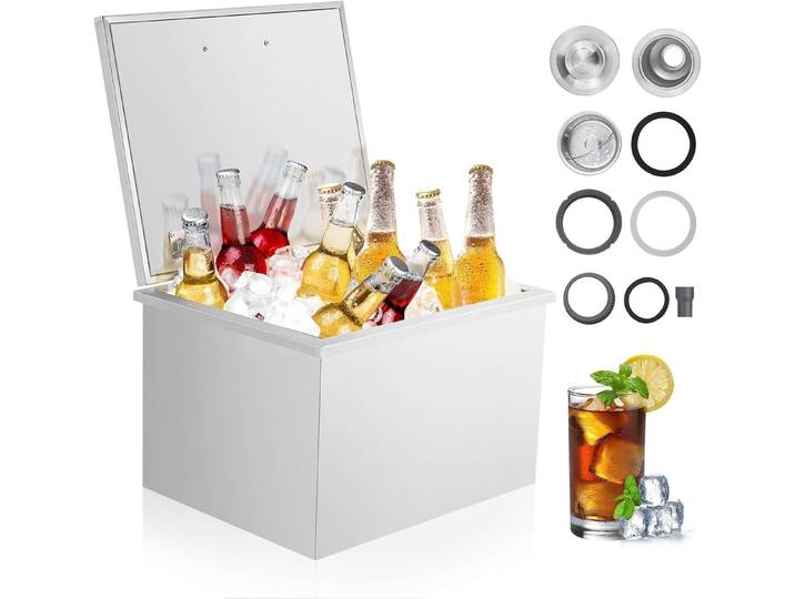 GarveeMore Eiswürfelbehälter Drop-In Eisbox Edelstahl,Isolierte Eisbox mit Ablauf, Für Outdoor-Küche, Bar und Gartenparty